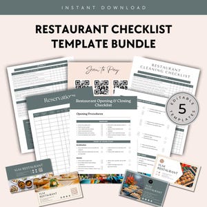 Restaurant Checkliste, druckbare Checkliste zum Öffnen und Schließen, Reinigung, Tischreservierungen, QR Scan to Pay, Visitenkarten
