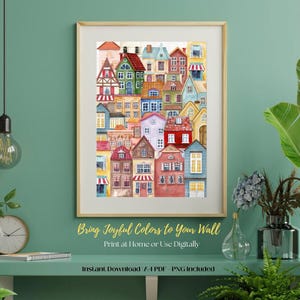 Arte mural de casas coloridas: juego de 2 pósteres imprimibles / A4 PDF y PNG / Impresiones digitales, decoración del hogar, galería de pared o habitación infantil