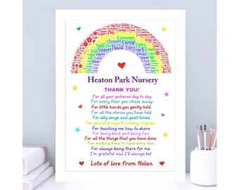 May include: A colourful rainbow word cloud with the words "Thank You" and "Heaton Park Nursery" in a pink heart. The text below reads "Thank You! For all your patience day to day... Lots of love from Nolan."