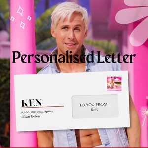 May include: A white envelope with the words "KEN" and "TO YOU FROM Ken" printed on it. The envelope is held by a person with blonde hair. The background is pink.