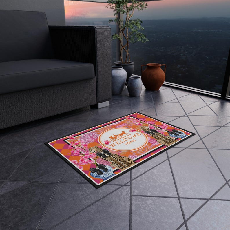 Welcome Homos Rug Leopard Chinoiserie Welcome Home Outdoor Rug, Non-slip Patio Decor - Etsy