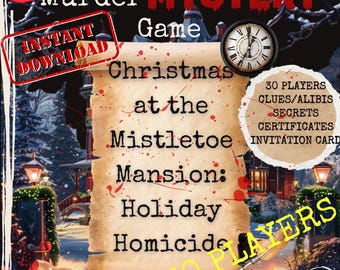 Può includere: Un gioco di mistero digitale intitolato "Christmas at the Mistletoe Mansion: Holiday Homicide". Il design presenta una pergamena con testo, un orologio e un timbro che dice "Download istantaneo". Include indizi, segreti e certificati per 30 giocatori.
