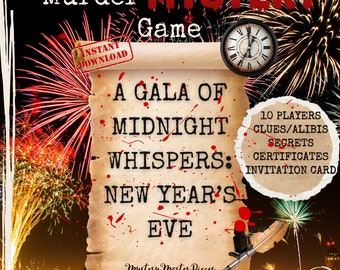 May include: A vintage-style scroll with the text "A Gala of Midnight Whispers: New Year's Eve" against a backdrop of red and gold fireworks. The scroll is labeled "Murder Mystery Game" and includes details like "10 Players", "Clues/Alibis", "Secrets", "Certificates", and "Invitation Card".