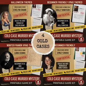 May include: A printable cold case murder mystery game kit featuring four distinct case files. Each file includes a victim portrait, confidential documents, autopsy reports, and yellow police line tape. The text reads 4 COLD CASES.