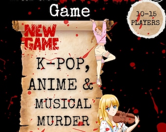 Juego de misterio de asesinato de anime para 15 jugadores, juego para amantes de la música K-pop, juego de misterio de asesinato imprimible, fiesta para adolescentes, juego de detectives de crímenes reales