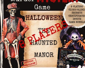 Puede incluir: Un juego de misterio de asesinato de Halloween imprimible para 8 jugadores. El juego incluye pistas, coartadas, secretos, certificados, una invitación y un paquete de juego. La imagen presenta un esqueleto con un disfraz rojo y negro, una mansión encantada y un certificado de participación.
