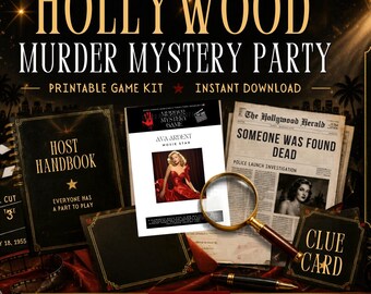 May include: A Hollywood Murder Mystery Party game kit with a host handbook, clue cards, and a newspaper prop. The kit includes a printable game and instant download. The theme is perfect for game nights, birthdays, hen parties, and dinner parties.