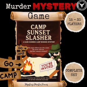 Könnte beinhalten: Ein Brettspiel namens "Camp Sunset Slasher" mit dem Text "Murder Mystery Game". Das Spiel enthält eine Detektivillustration, eine Lagerfeuergrafik und den Text "You're Invited". Das Spiel ist für 15-30 Spieler und ein komplettes Set.