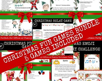 May include: A red ribbon with a bow is wrapped around a collage of five Christmas game ideas for office or family parties. The games include Christmas Charades, Christmas 'Who Am I?', Christmas Relay Game, Christmas Emoji Pictionary, and Christmas Song. The text 'Christmas Fun Games Bundle 5 Games Included' is written in red on a white background.