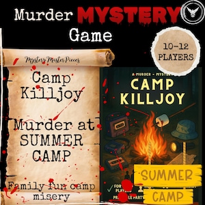 Sommarlägermordsmysteriespel | Camp Killjoy utskrivbart partyspel | 10–12 spelare | Familjevänligt spel | 90-talsmordsmysteriespel