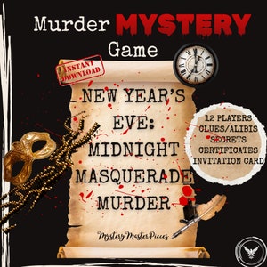 Murder Mystery Game Printable, New Year&#39;s Eve Murder Mystery Party Game for 12 Players, Masquerade Murder Game for 12 Players