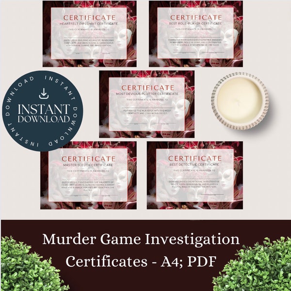 Party Game Certificates for Masquerade Party Murder Mystery Game,  A4 Certificate for Murder Mystery Investigation Games