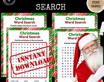 Op de afbeelding: Vier afdrukbare kerstwoordzoekpuzzels met een rood-groene gestreepte achtergrond. De puzzels bevatten een verscheidenheid aan kerstwoorden, waaronder kerstman, rendier, elf en cadeaus. De puzzels zijn perfect voor kinderen en volwassenen.
