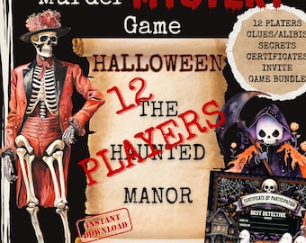 May include: A printable Halloween murder mystery game for 12 players. The game features a haunted manor theme with a skeleton in a red and black costume and a grim reaper illustration. The game includes clues, alibis, secrets, certificates, an invite, and a game bundle.