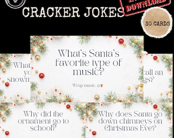 May include: A set of 30 Christmas cracker joke cards with a festive green and gold background. The cards feature a variety of Christmas-themed jokes, such as "What's Santa's favorite type of music?" and "Why did the ornament go to school?"
