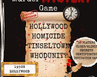 Juego de misterio de asesinato imprimible. Juego de misterio de asesinato de Hollywood, invitación, certificados, tarjetas de personajes y lista de reproducción para el juego de misterio de asesinato.