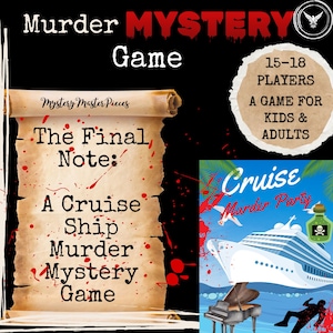 Könnte beinhalten: Ein Mord-Mystery-Spiel, das auf einem Kreuzfahrtschiff spielt. Das Spiel ist für 15-18 Spieler geeignet und für Kinder und Erwachsene. Das Spiel heißt "The Final Note: A Cruise Ship Murder Mystery Game".
