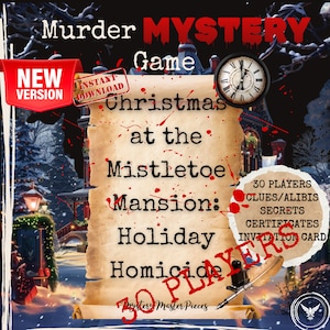 Mordmysteriespel Utskrivbart 25-30 spelare: Jultemaspel med inbjudningar, ledtrådar, alibin, certifikat, mordspelskit, direkt PDF