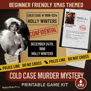 Könnte beinhalten: Ein druckbares Cold Case Murder Mystery-Spielset mit Weihnachtsthema. Das Set enthält Fallakten, Informationen zu Verdächtigen und ein Foto einer Frau. Der Text lautet "Vertraulich" und "Polizeilinie Nicht überqueren."