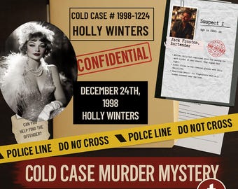 May include: A printable Cold Case Murder Mystery game kit with a Christmas theme. The kit includes case files, suspect information, and a photo of a woman. The text reads "Confidential" and "Police Line Do Not Cross."