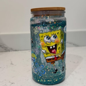 Custom glass cup, Snow globe glitter tumbler with bamboo lid and straw, Acrylic glitter tumbler, 16 oz glass cup