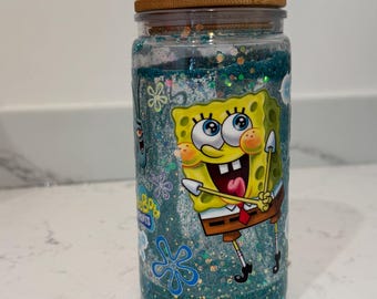 Vaso de cristal personalizado con bola de nieve y purpurina de Bob Esponja, tapa de bambú