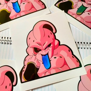 Kid Buu Holographic Decal Anime Naklejka | Laptop, Samochód, Dziennik, Pamiętnik, Album, Planer, Notatnik, Deskorolka, Naklejka dekoracyjna