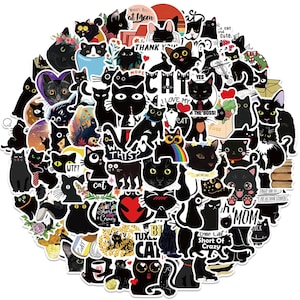 50-delig zwarte kat stickerpakket | Laptop, telefoon, dagboek, dagboek, plakboek, planner, notitieboekje, skateboard, decoratieve stickers