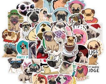 50 stuks mopshondstickers | Waterdichte dierenstickers