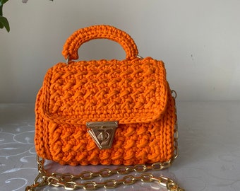 Sac à bandoulière en coton au crochet, Sac de soirée en crochet, Sac en coton au crochet, Sac en coton au crochet orange, Sac à bandoulière en coton, Sac de soirée orange