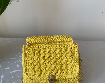 Cotton Crochet Shoulder Bag, Crochet Evening Bag, Cotton Crochet Bag, Yellow Cotton Crochet Bag,Cotton shoulder bag, Yellow Evening Bag