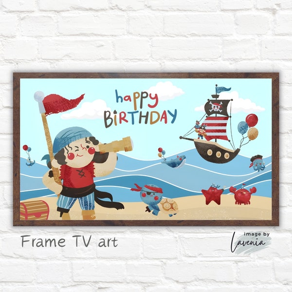 Samsung Frame Tv art, pirate birthday, ship at sea, happy birthday, nautical, colorful kids party wall decor, boy or girl, instant download