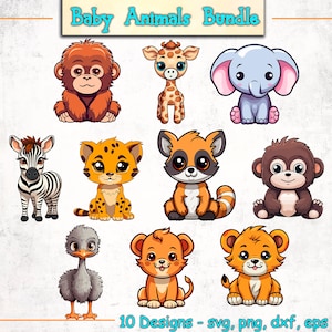 Cute Baby Animals Svg Clipart, Baby Animal Svg, Woodland Animals Bundle, Cutee Giraffe Png, Elephant Svg, Monkey Png, Zebra Svg