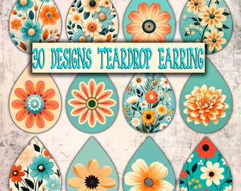 Retro Flowers Teardrop Earring Sublimation Designs, Earring Png, Teardrop Earring Bundle, Teardrop Earring Template, Digital Download