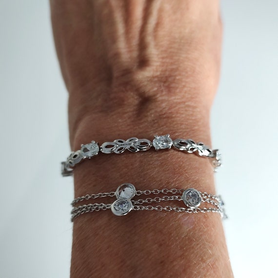 Lot of 2 Solid Sterling Silver Bracelets, Crystal… - image 3
