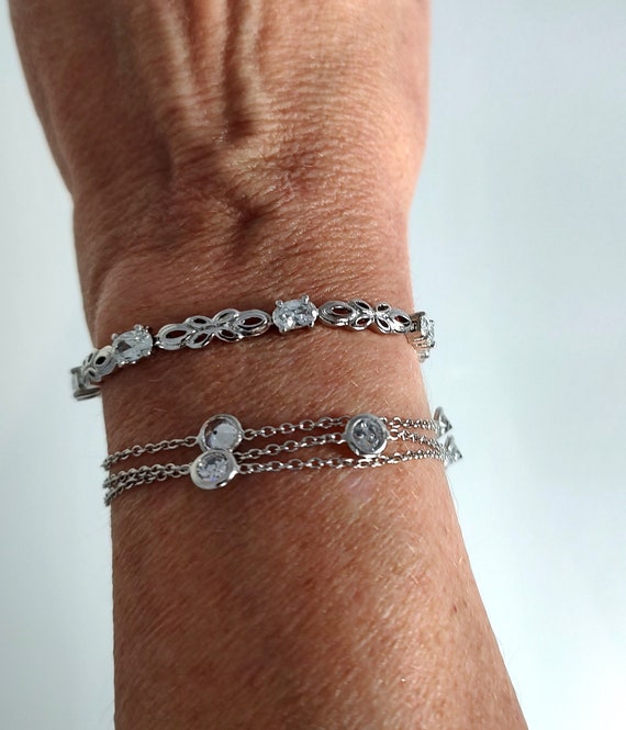 Lot of 2 Solid Sterling Silver Bracelets, Crystal… - image 4