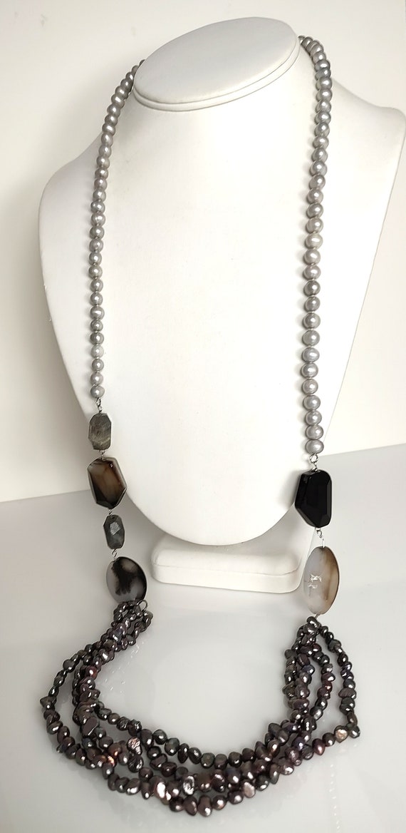 Long Gray Cultured Pearl Necklace, Quartz Stone a… - image 6