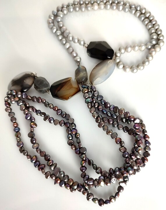 Long Gray Cultured Pearl Necklace, Quartz Stone a… - image 5