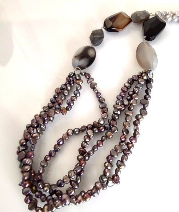 Long Gray Cultured Pearl Necklace, Quartz Stone a… - image 4