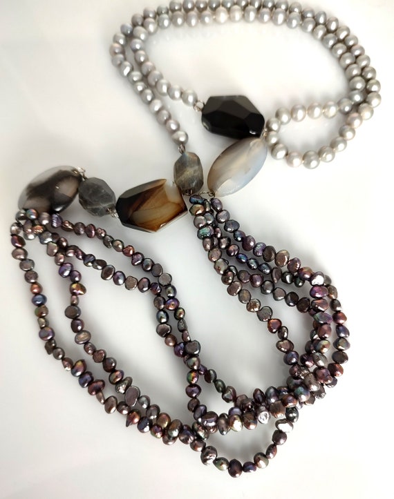 Long Gray Cultured Pearl Necklace, Quartz Stone a… - image 1