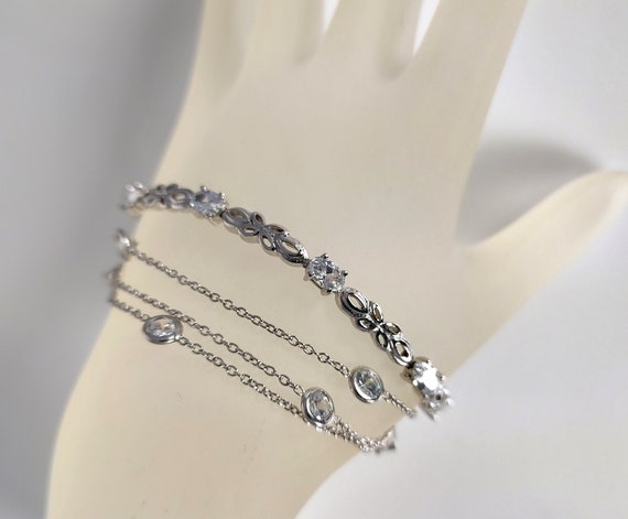 Lot of 2 Solid Sterling Silver Bracelets, Crystal… - image 1