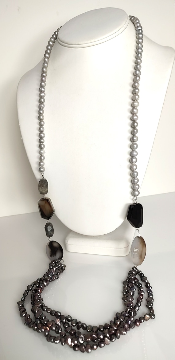 Long Gray Cultured Pearl Necklace, Quartz Stone an