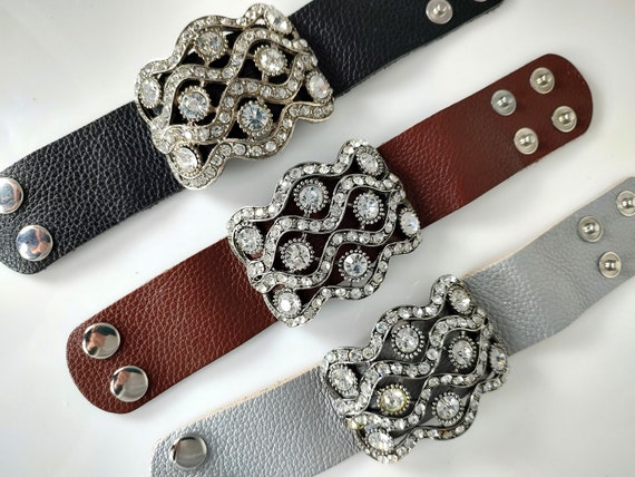 Bracelet Lot of 3, Wide Leather Bracelet Lot, Rhi… - image 7