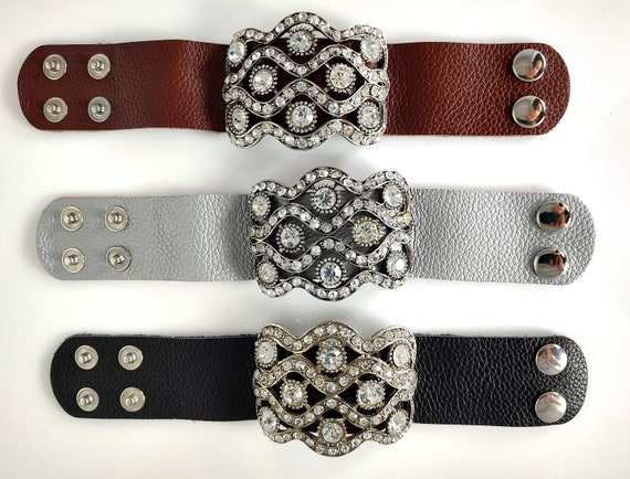 Bracelet Lot of 3, Wide Leather Bracelet Lot, Rhi… - image 3