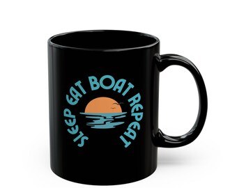 Sleep Eat Boat Repeat mug | Black Ceramic coffee mug, sunset design