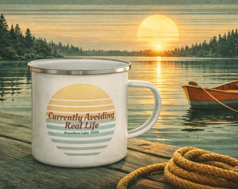 Currently Avoiding Real Life enamel camping mug | Retro lake design, customizable
