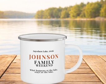 Customizable Family Weekend Enamel Camping Mug | Lake 2026, Personalized Cabin Quote