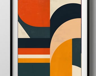 Retro Geometric Abstract Art Satin Poster | Mid Century Shapes Wall Print