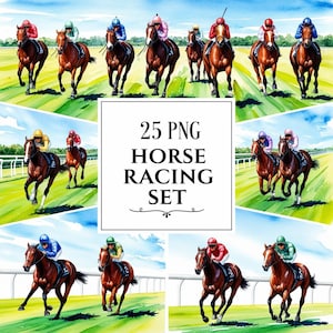 Aquarell Pferderennen Clipart, 25 PNG Pferderennen Illustrationen, Rennpferde, Jockeys, kommerzielle Nutzung