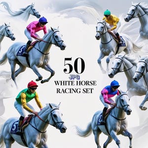 Watercolor Horse Racing Clipart: UK Racehorses, Jockeys (50 Hi-Res JPGs, Commercial Use)